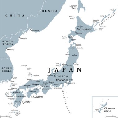 Japonya, gri politik harita. Honshu, Hokkaido, Kyushu, Shikoku ve Okinawa adaları. Kuzey Pasifik Okyanusu 'ndaki Doğu Asya adası, 14,125 adalık takımada ve Ateş Çemberi' nin bir parçası.