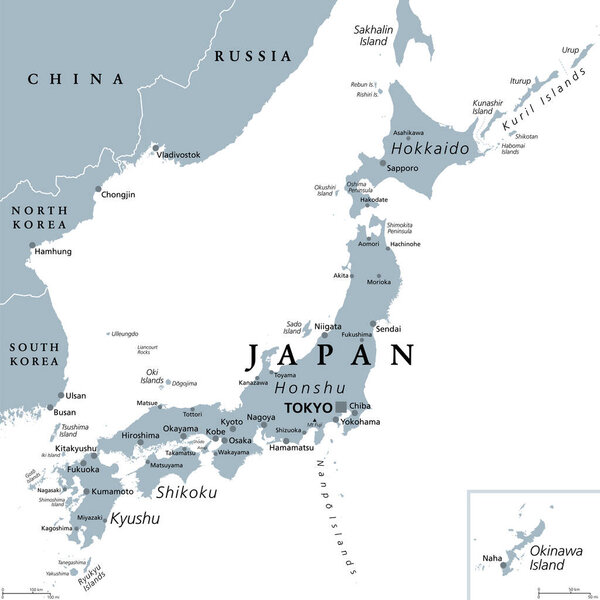 Japan, gray political map. The main islands Honshu, Hokkaido, Kyushu, Shikoku and Okinawa. East Asian island country in the North Pacific Ocean, archipelago of 14,125 islands and part of Ring of Fire.