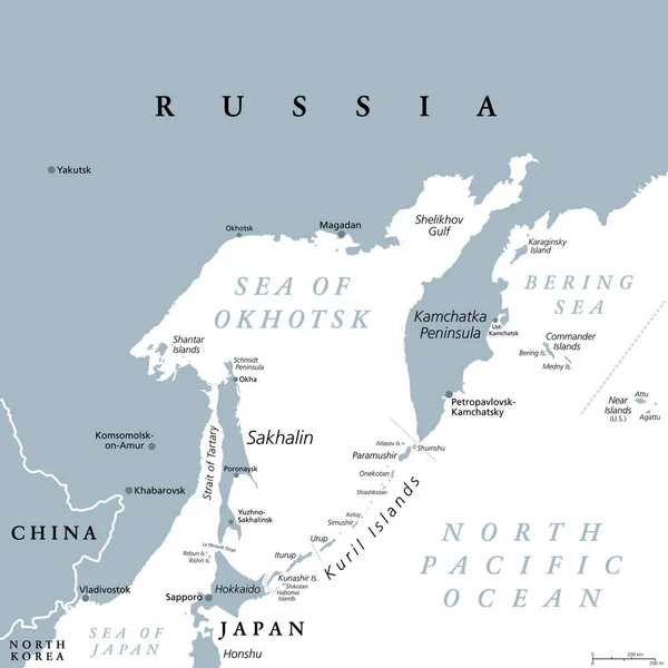Okhotsk海灰色政治地图位于堪察加半岛 千岛群岛 北海道 萨哈林和西伯利亚东部海岸之间的北太平洋外海 — 图库矢量图片