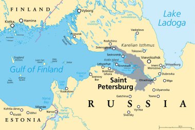 Saint Petersburg bölgesi, politik harita. Rusya 'nın ikinci büyük şehri, eski adıyla Petrograd ve daha sonra Leningrad. Neva Nehri 'nde, Finlandiya Körfezi' nin başında, Baltık Denizi 'nde..