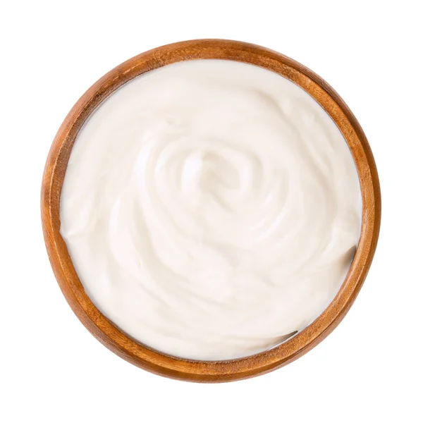 Crèmeyoghurt Een Houten Kom Geroerde Yoghurt Ook Gespeld Als Yoghurt — Stockfoto