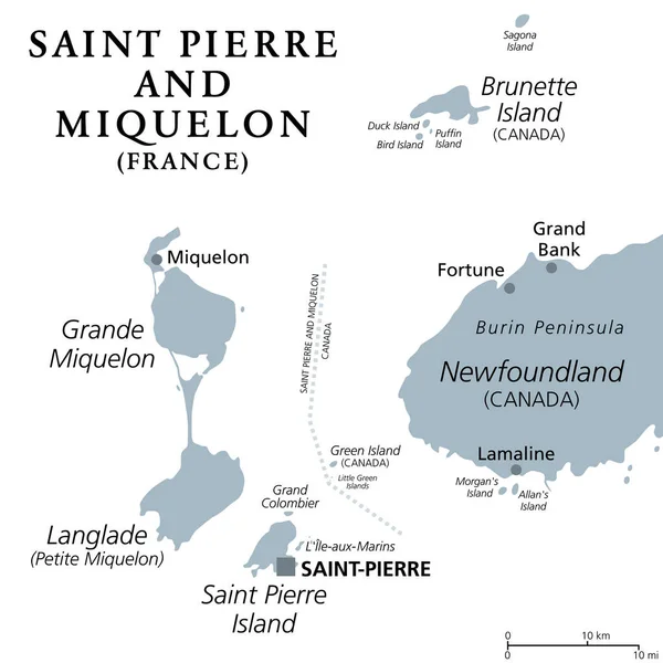 圣皮埃尔和密克隆灰色政治地图法国在北大西洋 加拿大纽芬兰和拉布拉多省附近的群岛和海外自治领土 — 图库矢量图片