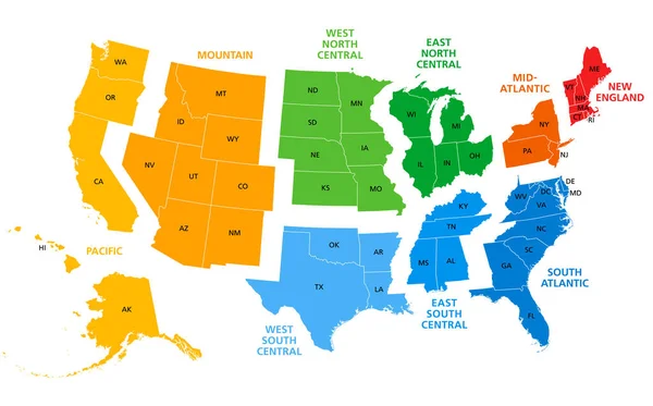 Estados Unidos Dividido Regiones Divisiones Del Censo Mapa Político Definición — Vector de stock