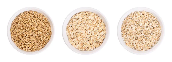 Oat Grains Rolled Oats Oatmeal White Bowls Husked Common Oat — Stock Photo, Image