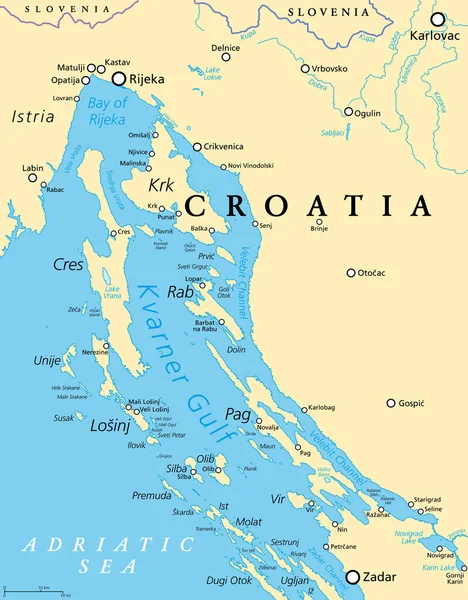 クヴァルネル湾 クロアチアの内部水の一部 政治地図 北アドリア海のクバーナー湾 Kvarner Bay とも呼ばれ イストリア半島とクロアチア北部の沿岸本土の間に位置する — ストックベクタ