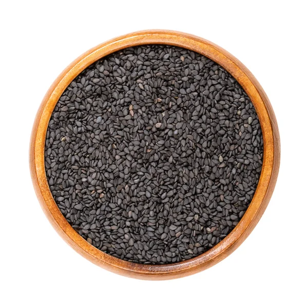Zwarte Sesam Een Houten Kom Ongepelde Zaden Van Sesamum Indicum — Stockfoto