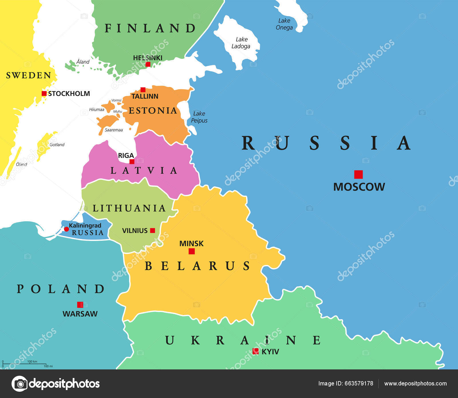 Baltık Devletleri Renkli Ülkeler Politik Haritalar Finlandiya 'Dan Estonya'  Letonya Stok Vektörü © Furian 663579178