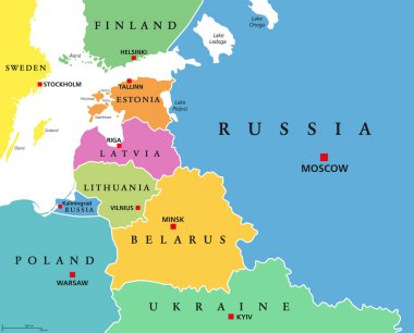 Baltık Devletleri, renkli ülkeler, politik haritalar. Finlandiya 'dan Estonya' ya, Letonya ve Litvanya 'dan Polonya' ya ve Rusya 'nın Kalingrad Oblastı' ndan Beyaz Rusya 'nın Avrupa Bölgesi' ne.
