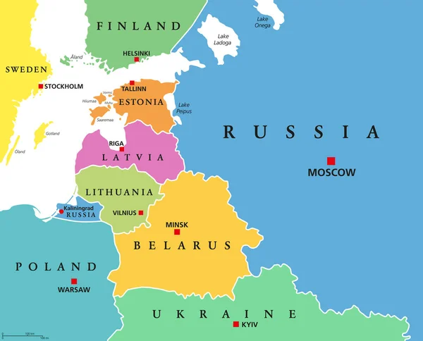 Kraje Bałtyckie Kolorowe Mapa Polityczna Finlandii Estonii Łotwy Litwy Polski — Wektor stockowy