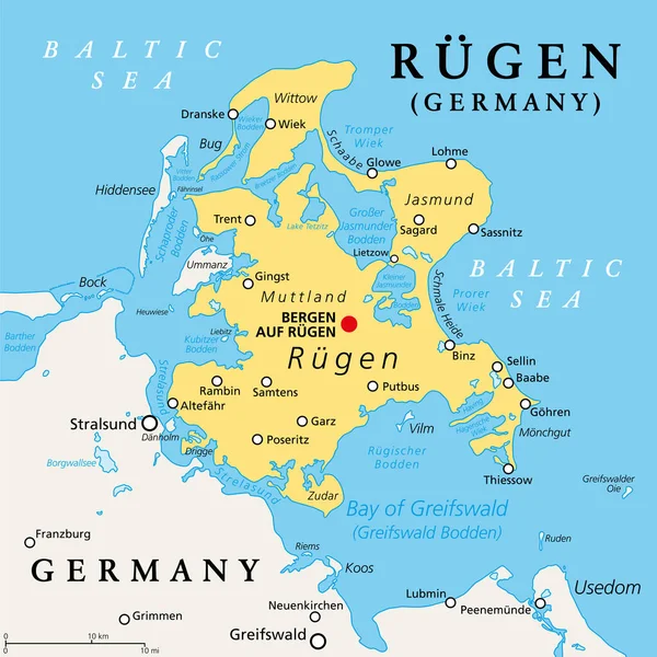 Ruegen Rugia Più Grande Isola Della Germania Mappa Politica Situato — Vettoriale Stock