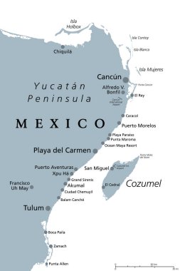 Meksika 'da Cancun, Cozumel ve Riviera Maya, gri politik harita. Cancun, Yucatan Yarımadası kıyısındaki şehir, Riviera Maya 'nın kuzeyi, bir Karayip sahil beldesi, Cozumel Playa del Carmen' in doğusunda..