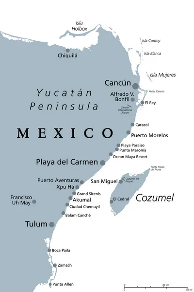 Cancun Cozumel Riviera Maya Messico Mappa Politica Grigia Cancun Città — Vettoriale Stock