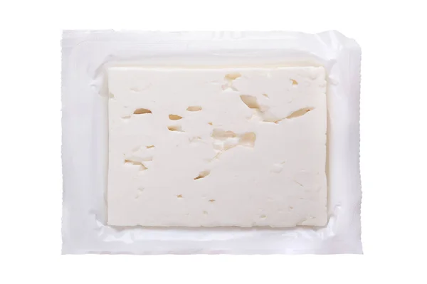 希腊菲塔块 带盐奶酪 在其打开的原始塑料包装 在盐水中成熟 质地柔软 口感新鲜 独立的 从上面看 食物照片 — 图库照片