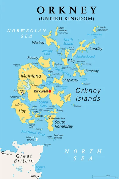 オークニー諸島 あるいはオークニー諸島 政治地図 スコットランド北部の約70の島の群島は 英国の島の海岸沖に位置し 本土は最大の島として — ストックベクタ