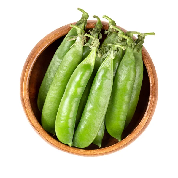 Fresh Pea Pods Wooden Bowl Bunch Pods Containing Green Peas — Stock Photo, Image