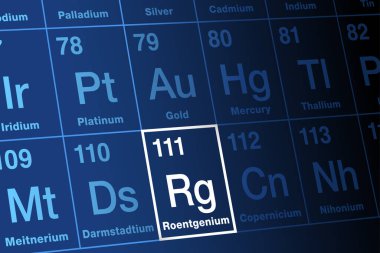 Elementlerin periyodik cetveli üzerinde roentgenium. Aşırı derecede radyoaktif, süper ağır, sentetik transaktinit element, element sembolü Rg ve atom numarası 111. Adını fizikçi Wilhelm Roentgen 'den almıştır..