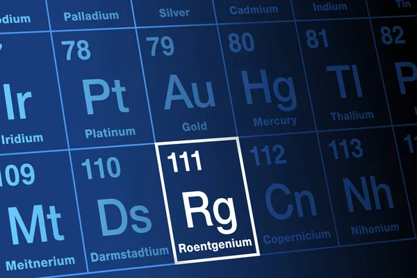 元素の周期表上のレニウム 非常に放射性 超重い 元素記号Rgと原子番号111と合成トランザクチン元素 物理学者のヴィルヘルム ローテンゲンにちなんで名付けられた — ストックベクタ