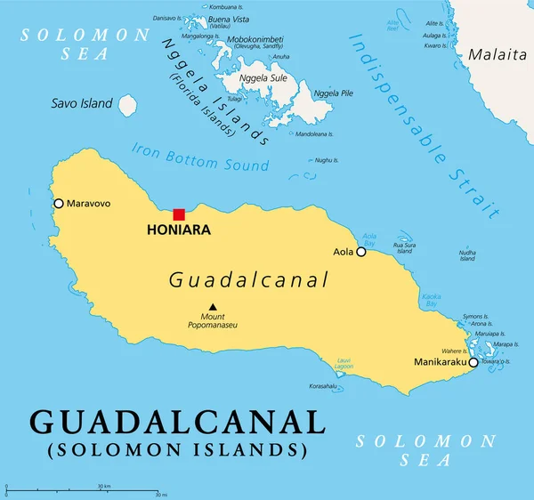Guadalcanal Principal Largest Island Solomon Islands Located Solomon Sea Southwestern — Stock Vector
