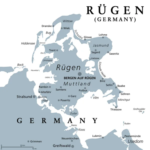 Rgen Ruegen Nebo Rugia Největší Ostrov Německa Šedá Politická Mapa — Stockový vektor