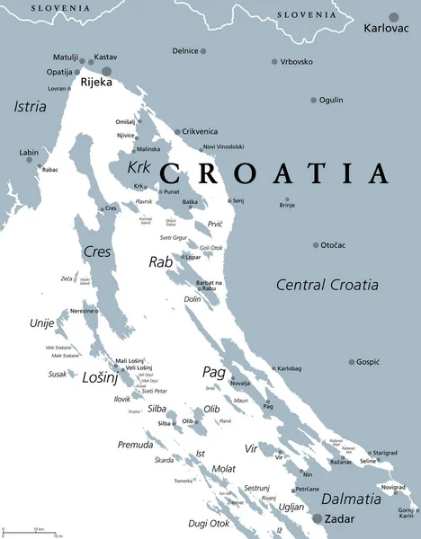 クヴァルネル湾 クロアチアの内部水の一部 灰色の政治地図 アドリア海北部のクヴァルネル湾 Kvarner Bay とも呼ばれ イストリア半島とクロアチア北部の間に位置する — ストックベクタ