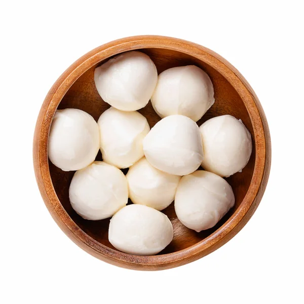 Mini Mozzarella Ballen Een Houten Schaal Verse Witte Zuid Italiaanse — Stockfoto