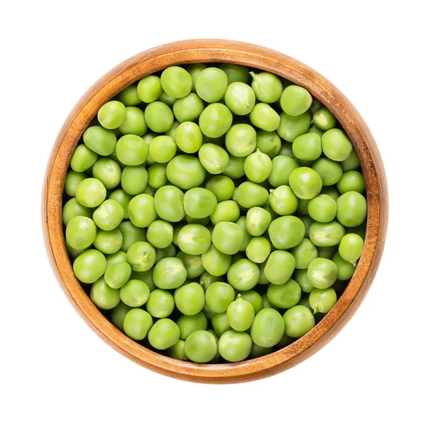 Fresh Green Peas Wooden Bowl Raw Small Spherical Seeds Pod — Stock Photo, Image