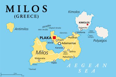 Milos, island of Greece, political map. Volcanic Greek island in the Aegean Sea and part of the Cyclades. Together with Antimilos and smaller islets a municipality, neighboring Kimolos and Polyaigos. clipart