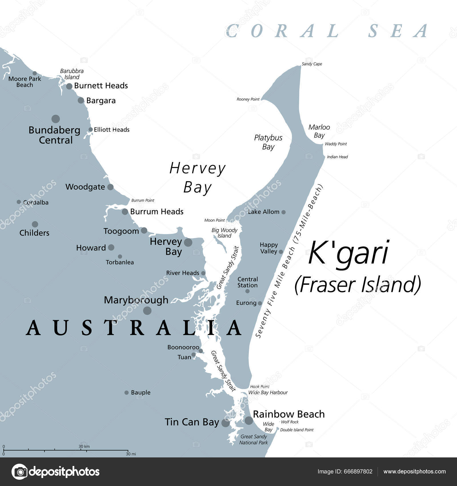 K'gari Fraser Island Mappa Politica Grigia Mondi Più Grande Isola Stock ...