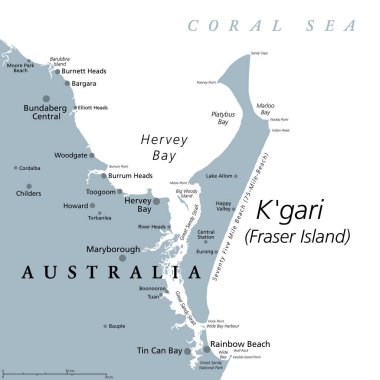 K 'gari, eski adı Fraser Adası, gri politik harita. Avustralya 'nın Queensland kıyısındaki dünyanın en büyük kum adası. Aborijin Avustralyalılar tarafından en az 5000 yıldır oturuluyor..