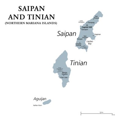 Saipan ve Tinian, Kuzey Mariana Adaları, gri politik harita. Mariana Takımadaları 'nın adaları. Yönetim merkezi Capitol Hill ile birleşik topraklar ve Birleşik Devletler Bağımsız Devletleri.