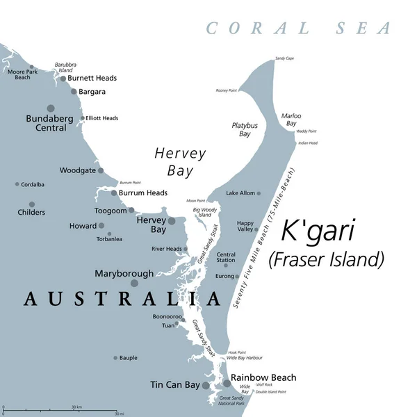 かつてフレーザー島だったカーガリは 灰色の政治地図 オーストラリアのクイーンズランド州の海岸に沿って世界最大の砂島で 75マイルビーチがあります アボリジニのオーストラリア人による少なくとも5000年間の住民 — ストックベクタ