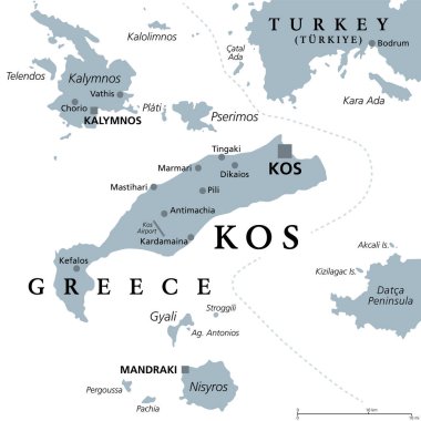 Kos, Yunan adası, gri politik harita. Ayrıca Cos, Ege Denizi 'ndeki Dodecanese Adaları' nın bir parçası, Türk Bodrum Yarımadası 'nın yanında. Kalymnos, Nisyros, Pserimos ve daha küçük komşu adalarla.