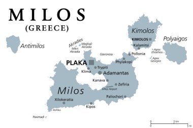 Milos veya Melos, Yunan adası, gri politik harita. Ege Denizi 'ndeki volkanik ada, Cyclades' in bir parçası. Antimilos ve küçük adalarla birlikte bir belediye, komşu Kimolos ve Polyaigos.