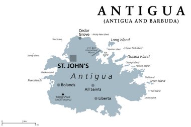 Antigua, Küçük Antiller 'deki ada, gri politik harita. Karayip bölgesindeki Leeward Adaları 'ndan biri ve başkenti St. John' s olan Antigua ve Barbuda 'nın en kalabalık adası..