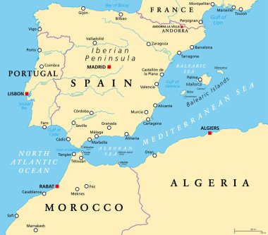 Batı Akdeniz, politik harita. Kuzey Atlantik ve Akdeniz ile sınır komşusu İber Yarımadası, Cebelitarık Boğazı ile Afrika 'dan ayrıldı. Portekiz, İspanya ve Balear Adaları.