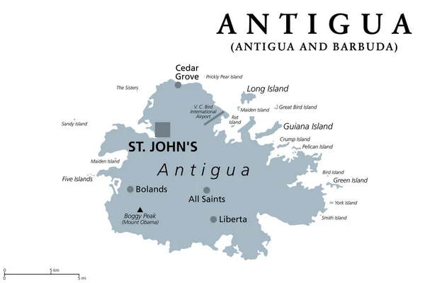 安提瓜 小安的列斯群岛的岛屿 灰色的政治地图 圣约翰群岛加勒比区域的背风群岛之一 是安提瓜和巴布达人口最多的岛屿 首都圣约翰 — 图库矢量图片