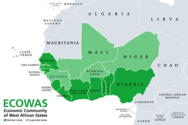 ECOwas, Batı Afrika Eyaletleri Ekonomik Topluluğu, üye ülkeler, politik haritalar. CEDEAO olarak da bilinen, Batı Afrika 'daki 15 ülkenin bölgesel siyasi ve ekonomik birliğidir. İzole illüstrasyon.