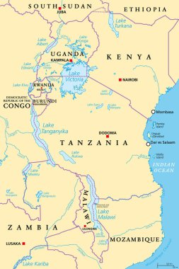 Afrika Büyük Göller Bölgesi, politik harita. Victoria Gölü, Tanganyika Gölü ve Malawi Gölü de dahil olmak üzere Afrika 'nın büyük yarık gölleri. Kenya, Tanzanya, Uganda, Malawi, Ruanda, Burundi gibi ülkelerdir..