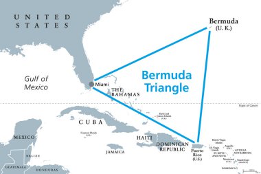 Bermuda Şeytan Üçgeni, gri politik harita. Kuzey Atlantik Okyanusu 'nda Bermuda, Miami ve Porto Riko arasında bir bölge..