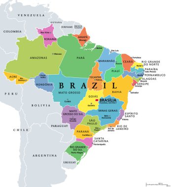 Brezilya Eyaletleri, politik harita. Farklı renkte federatif birimler, sınırları ve başkentleri var. Belirli bir dereceye kadar özerkliğe sahip alt-ulusal varlıklar, Brezilya Federatif Cumhuriyeti 'ni oluşturur..