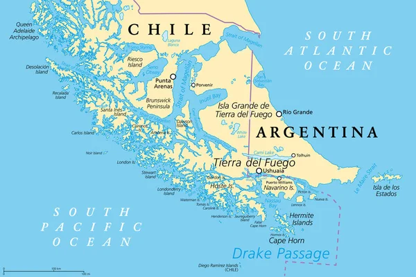 Tierra Del Fuego Politisk Karta Skärgård Och Sydamerikas Sydligaste Spets — Stock vektor