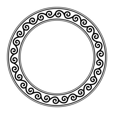 Kusursuz spiral şekil, dairesel çerçeve. Tekrarlanan spiral motifli dekoratif dairesel sınır, birbirine sonsuz bir sırayla bağlı. İzole edilmiş, siyah ve beyaz çizimler beyazdan üstündür. Vektör.