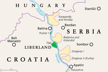 Liberland, politik harita. Özgür Özgürlük Cumhuriyeti, Avrupa 'da tanınmayan mikronizasyon, Hırvatistan ile Sırbistan arasında, Tuna' nın batı kıyısında yaşayan tartışmalı bir toprak parçası olan Siga 'yı iddia ediyor.