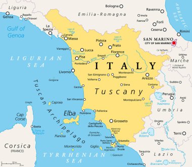 İtalya 'nın orta kesiminde Toskana, Floransa, Castiglione della Pescaia, Pisa, Lucca, Grosseto ve Siena gibi pek çok popüler turizm merkezinin bulunduğu siyasi harita. Toskana Takımadası bölgenin bir parçasıdır..