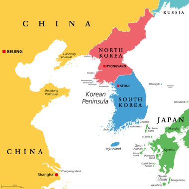 Kore Yarımadası bölgesi, renkli siyasi harita. Doğu Asya 'da Kore yarımadası, Kuzey ve Güney Kore arasında bölünmüş, Çin ve Rusya ile sınırlandırılmış ve Kore Boğazı ile Japonya' dan ayrılmış..