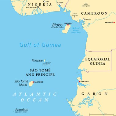 Kamerun hattı, Batı Afrika kıyılarındaki volkanik ada zinciri, politik harita. Gine Körfezi 'ndeki adalar (Atlantik Okyanusu) ve Afrika anakarasındaki dağlar da dahil olmak üzere uzun volkanlar zinciri..