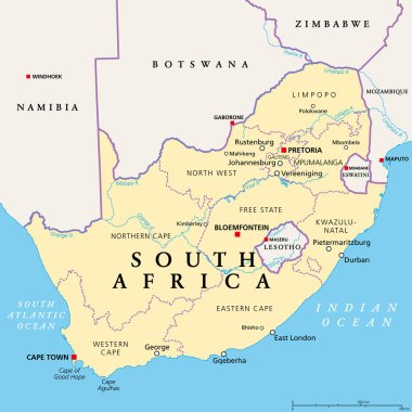 Güney Afrika, eyaletli siyasi harita, en büyük şehirler, uluslararası ve idari sınırlar. Başkentleri Pretoria, Cape Town ve Bloemfontein ile Afrika 'nın en güney ve cumhuriyeti.