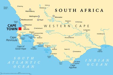 Ümit Burnu, Güney Afrika 'da bir bölge, politik harita. Cape Town ve Cape Peninsula 'dan Güney Atlantik kıyısındaki kayalık bir burundan Afrika kıtasının güney ucu olan Cape Agulhas' a kadar..