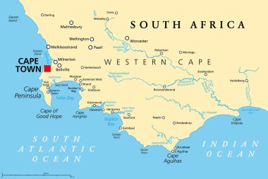 Cape of Good Hope, a region in South Africa, political map. From Cape Town and Cape Peninsula, a rocky headland on the South Atlantic coast, to Cape Agulhas, the southern tip of the continent Africa. clipart