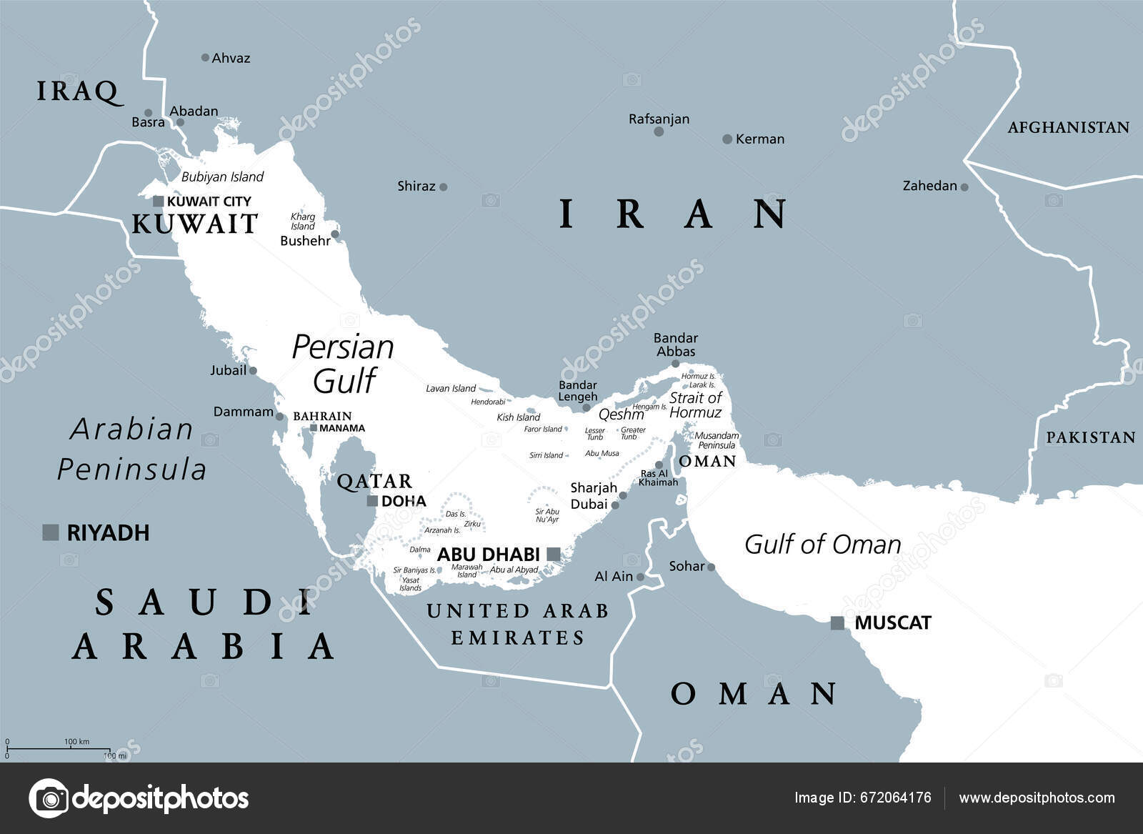 Den Persiske Golf Region Gråt Politisk Kort Også Den Arabiske —  Stock-vektor ©Furian 672064176